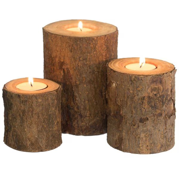 Bark Wooden Pillar Tree Stump Tea Light Rustic Candle Holder , PK 3, Vintiquewise, Mfr#: QI003888.3